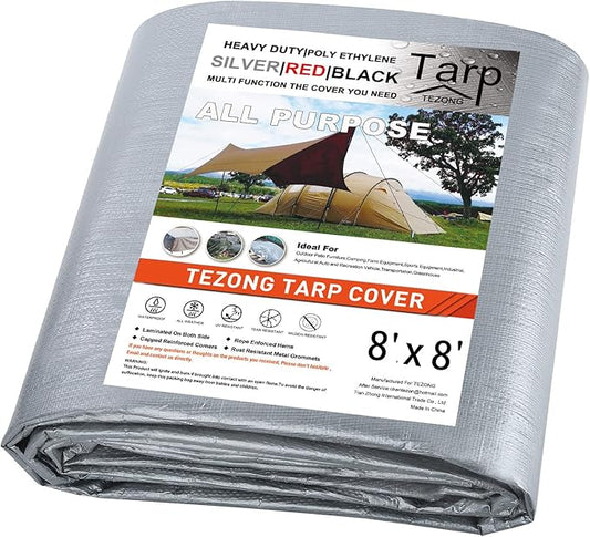 Tarps Heavy Duty Waterproof 8X8ft,Silver Large Tarp Cover Plastic Poly Tarpaulin 12MIL Thick Multipurpose Outdoor Tarp