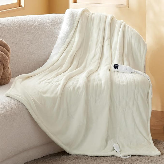 Bedsure Heated Blanket Throw Blanket - Fast Heating Electric Blanket, Soft Flannel Heated Throw with 4 Time Settings, 6 Heating Settings, Warm Gifts for Grandma (50x60 inches, Ivory)