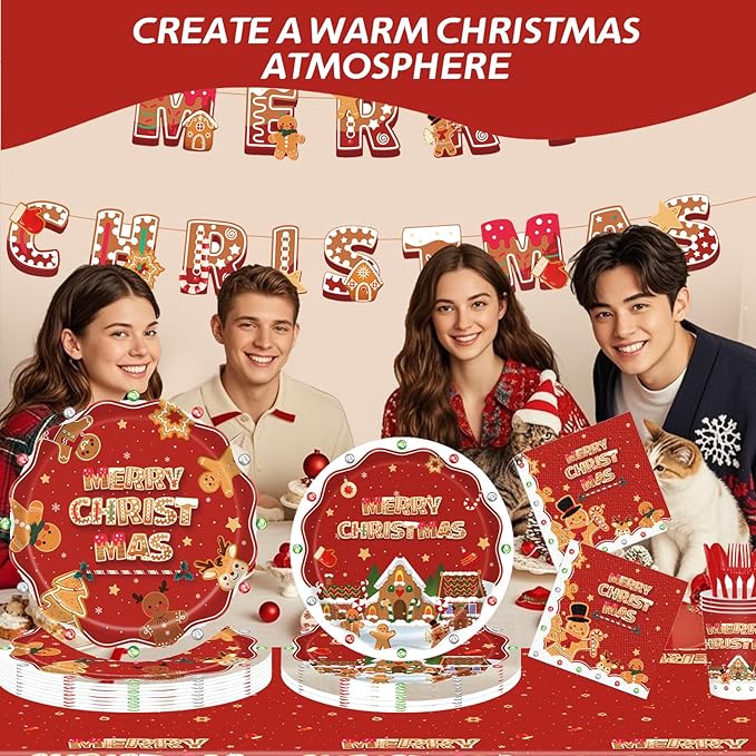 Christmas Party Supplies Set, Paper Plates And Napkins Sets for 25 Guests, Xmas Party Supplies With Plates, Cups, Napkins And Forks, Festive Disposable Christmas Heavy Duty For Holiday Dinners