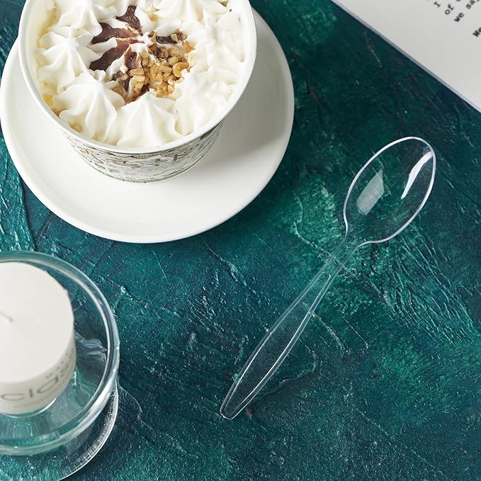 300 Crystal Clear Plastic Spoons Heavy Duty Silverware Set Disposable Serving Utensils Fancy Cutlery Elegant Flatware Heavyweight Plasticware Bulk Premium Sturdy Tableware Party Restaurant Supplies