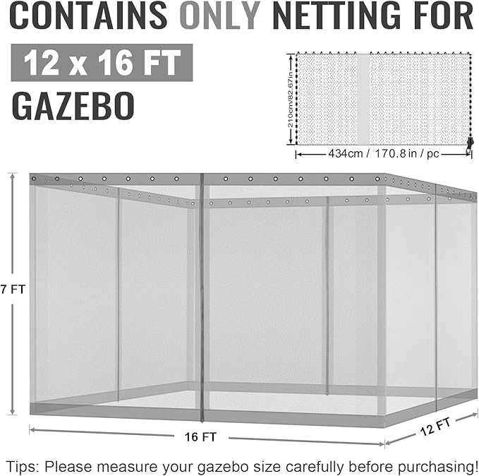 COWVIE Gazebo Replacement Netting Screen, 12' x 16' Universal Gazebo 4-Panel Mosquito Sidewalls with Double Zippers for Outdoor Patio (Only Netting)