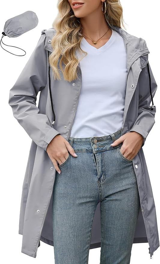 Zando Long Packable Rain Jacket Women Waterproof - Raincoat for Women Rain Coat with Hood Lightweight Outdoor Windbreaker