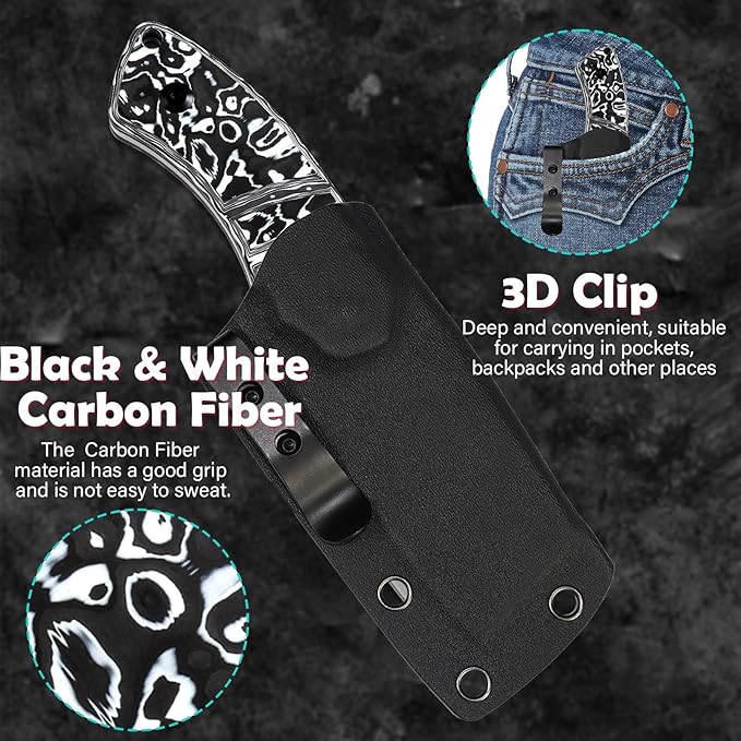 KANSEPT Knives Korvid S Fixed blade Knife with 2.9''CPM S35VN Cleaver Blade Black & White Carbon Fiber Handle, Kydex Sheath for Everyday Carry G2030A5