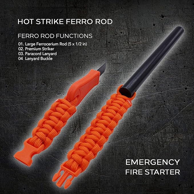Hot Strike Ferro Rod Fire Starter | Emergency Ferrocerium Tool with Premium Striker and Lanyard with Buckle | Large Flint & Steel Survival Kit (5 x 1/2 in) | Camping, Survival, Emergency