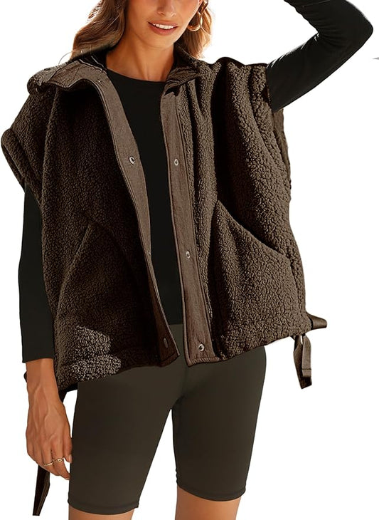 Athlisan Womens Fleece Vest Casual Sleeveless Button Down Sherpa Jacket Outerwear with Pockets