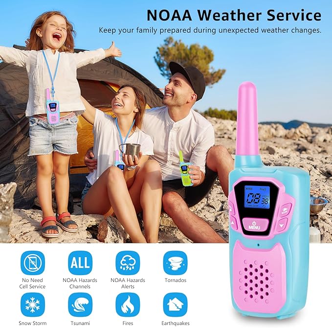 Walkie Talkies for Kids Girls Boys Toddler Long Range Walkie-Talkie Rechargeable 2 Pack for Adults Seniors Camping Skiing Cruise, Family Pink 2 Way Radio Toys with Lanyard 4 Miles NOAA USB VOX