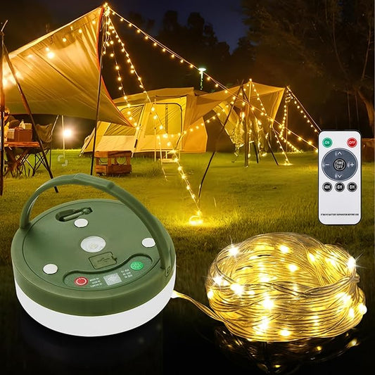 Anpro 4 in 1 Camping String Lights, 32.8 Ft String with Warm White 130 LEDs, USB Rechargeable with Remote Control, Adjustable Brightness, 6 Light Modes, Portable Camping Light for Outdoor, Decoration