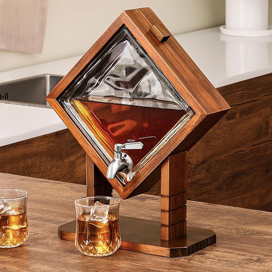 Whiskey Decanter with Wood Stand, Liquor Dispenser for Home Bar and Mancave Decor, Unique Birthday Christmas Gift for Men Dad and Whiskey Lovers, Bourbon Scotch Tequila