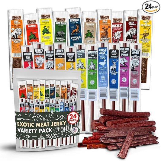Buffalo Bob's Wild Game Meat Snacks (24 pack) | Beef Jerky Assortment Pack of Flavorful Strips & Sticks | Snacks Variety Pack for Adults | Exotic Jerky | Ideal Gifts for Anniversary, Camping, Hunting