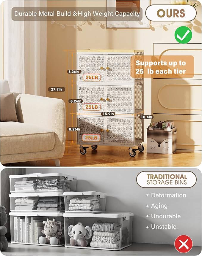 3 Tier Metal Storage Bins and Boxes Organizer, Magnetic Doors & 360°Swivel Lockable Wheels, Easy,labor-Saving, Ocean Life Cutout Pattern, Eco-Aesthetic for Living Room,Bedroom,bathroom,kitchen