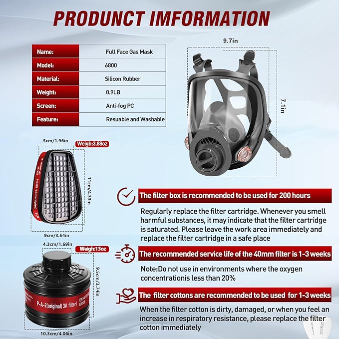 Gas Masks Survival Nuclear and Chemical - Full Face Gas Mask with 40mm Activated Carbon Filter, 6001 Filters, Earplug, and Gloves - Respirator Mask for Gases, Chemicals, Organic Vapors, Dust, Paint