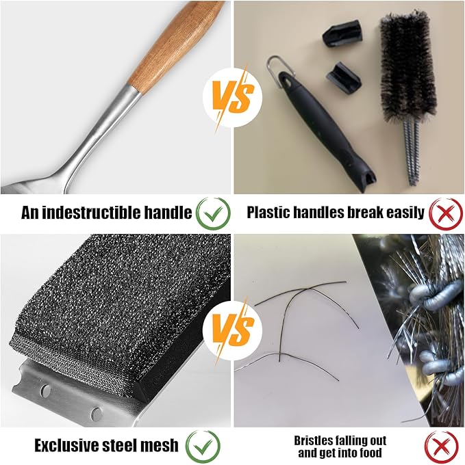 Grill Brush Bristle Free,Unique Steel Fibers Pad [Safe & Efficient] Perfect for Any Grill/Flat Tops Griddles - with 1 Replaceable Head,Grill Cleaner for Outdoor Grill,Gifts for Men/Dad