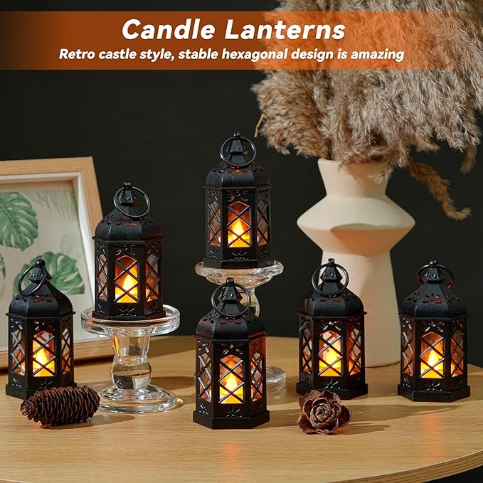 Candle Lanterns Black Lanterns Decorative Indoor Outdoor Mini Small LED Vintage Rustic Gold Hanging Farmhouse Fireplace Lantern Decor Christmas Lantern Centerpieces for Tables Decorations