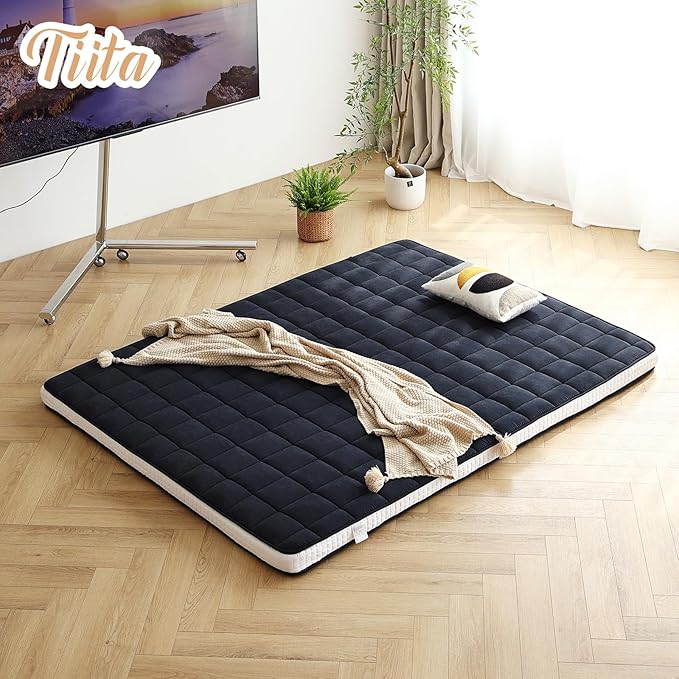 Tiita Japanese Floor Mattress, 4” Thicken Futon Mattress with Storage Bag and 2 Straps，Queen Size Sleeping Tatami Mat for Adults，Black
