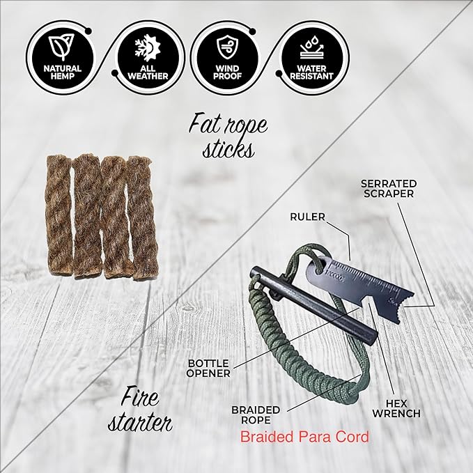 Ultimate Flint Fire Starter Kit with Pouch — Weatherproof Emergency Survival Kit Incl Camping Fire Saw, Magnesium Fire Starter, Fat Rope, Char Cloth, Rope Lighter, & Sticks for Outdoors