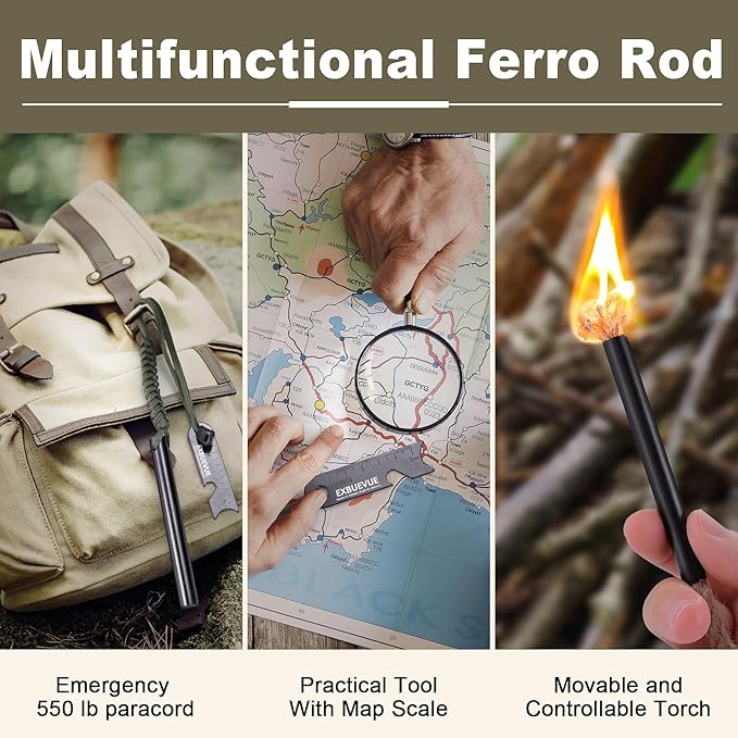Fire Starter, 4'' Ferro Rod Outdoor Survival Tools Flint and Steel with Stricker, Survival Paracord for Bushcraft, Camping, Hiking Kits