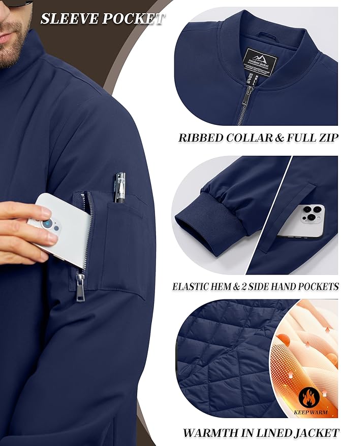 Cotrasen Mens Bomber Jacket Fall Winter Warm Windbreaker Casual Full Zip Padded Coats with Pockets