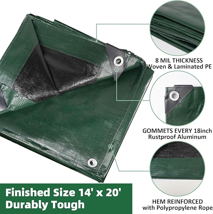 Heavy Duty Double-Sided Waterproof Poly Tarp 14x20 Feet 8mil Thick Polyethylene Tarps, Perfect for Outdoor Use, Plastic Cover & Mat for Tent Camping Storage Boat Bikes Vehicles