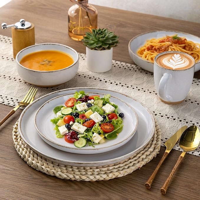 AmorArc 18 Pieces Ceramic Dinnerware Sets for 6, Handpainted Stoneware Plates and Bowls Set with Rustic Terracotta Underside, Scratch Resistant Dishes Set, Dishwasher & Microwave Safe, White