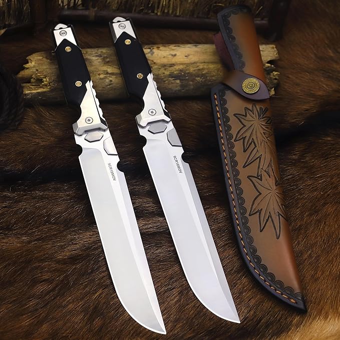 BA-KOR 14.3 inch All-Tang 9CR18MOV Hunting Survival knife + sheath,&（5.9in） Drilled Flint Fire Starter ， stainless steel +G10 handle camping knife, multi-purpose EDC tool knife ﻿
