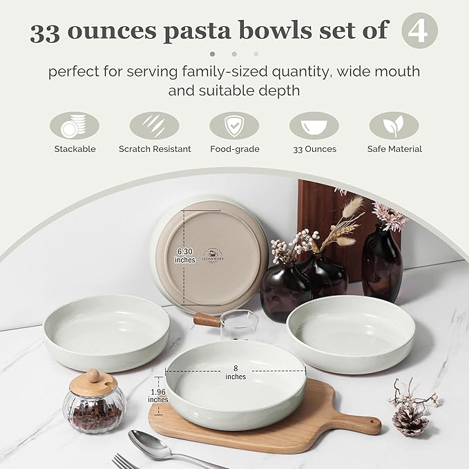 HaWare Pasta Bowls Set of 4, 33oz Large Salad Bowls for Home Kitchen, Ceramic Serving Plates for Soup, Cereal, Scratch-resistant Wide and Shallow Dinner Bowl, Microwave & Dishwasher Safe, Milky White
