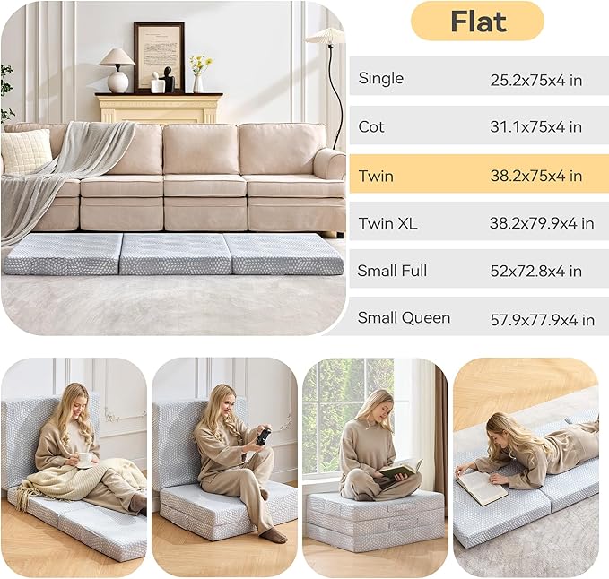 BDEUS Memory Foam Folding Mattress 4 Inch Twin Size with Protable Storage Bag, Trifold Mattress Topper Soft Guest Bed Floor Mat for Kids Camping Road Trip, Gray, 38 x 75 Inch