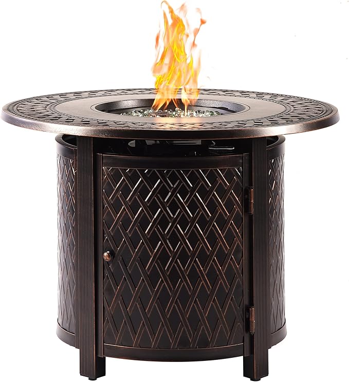 Aluminum 37,0000 BTU 34 in. Round Propane Black Fire Pit Table with Fire Beads, Lid, Propane Tank Cover and Table Fabric Covers in Copper Finish