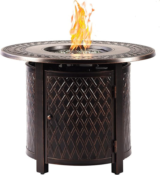 Aluminum 37,0000 BTU 34 in. Round Propane Black Fire Pit Table with Fire Beads, Lid, Propane Tank Cover and Table Fabric Covers in Copper Finish