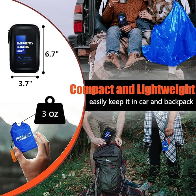 Frelaxy Emergency Blanket 2-Pack/4-Pack, Extra-Thick Extra-Large Space Blankets with Whistles, Storage Pouchs, and EVA case