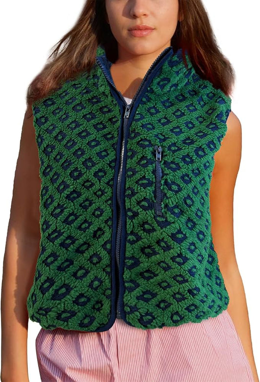 Colorful world Womens Checkered Sherpa Vest Fleece Jacket Lightweight Zip Up Sleeveless Crochet Plaid Gilet with Pocket