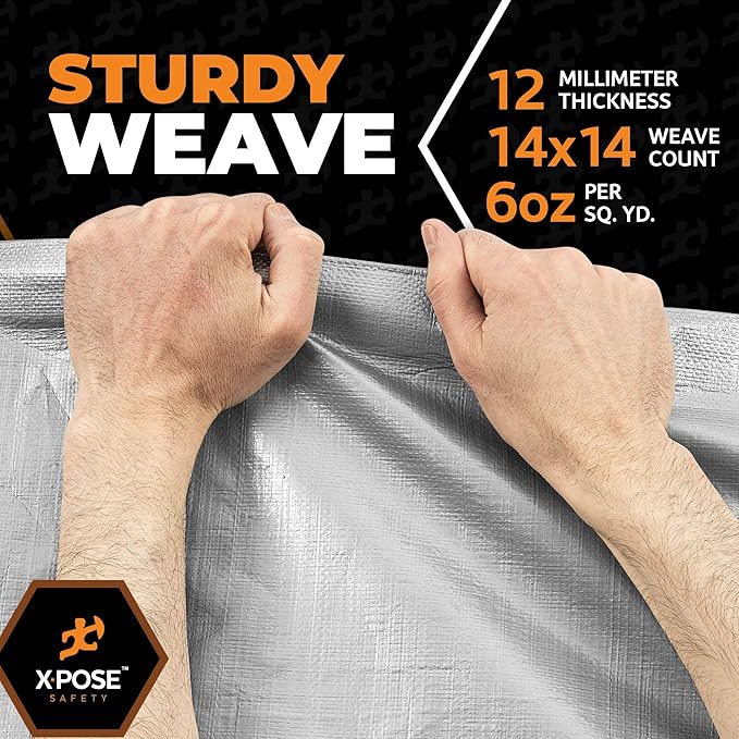Heavy Duty Silver Poly Tarp 10' X 12' (2-Pack) - Multipurpose Protective Cover - Durable, Waterproof, Weather Proof, Rip and Tear Resistant - Extra Thick 12 Mil Polyethylene - by Xpose Safety