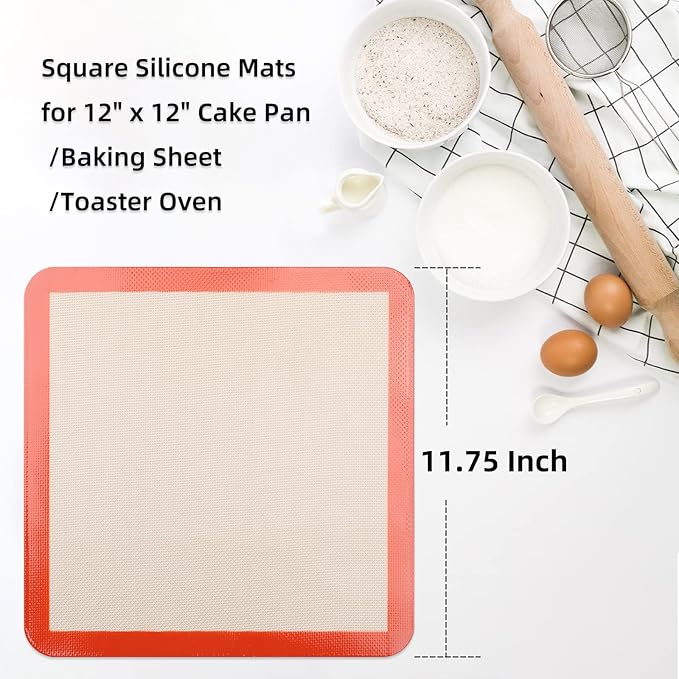 Square Silicone Baking Mats for 12 Inch Cake Pan/12x12 Cheesecake Pan/Toaster Oven/XL Air Fryer, 11.75"Square Food Grade Silicone Mat for Baking Sheet for Cake/Pastry/Torte/Pie, Non-Stick&Reusable2PCS