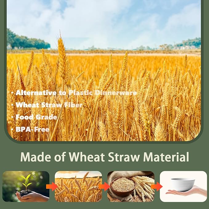 Wheat Straw Dinnerware Sets | Microwave and Dishwasher Safe Dishes Sets for 4 | Unbreakable Kids Plates and Bowls Set, Plastic Plates Reusable, Camping Dishes for Kitchen, PV, Dinner (White)