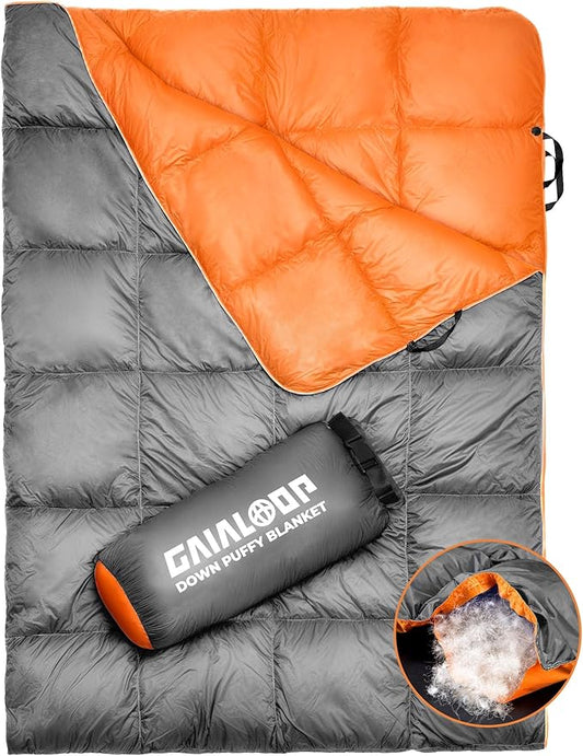 Down Puffy Blanket for Car Camping Outdoor Travel Backpacking, Duck Down Lightweight Portable Soft Warm Cozy Camping Blanket Quilt, Light Gray