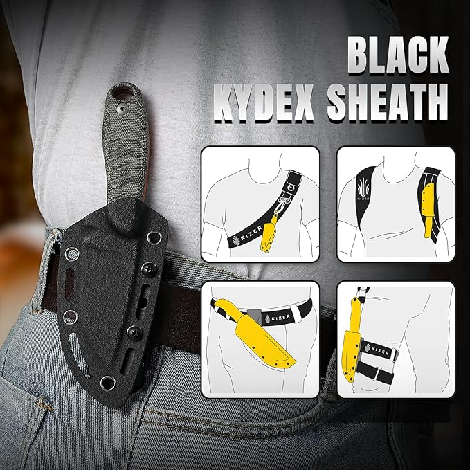 Kizer Hare Fixed Blade Knife with Sheath, 3.14" Nitro V Blade EDC Hunting Knife with Black Micarta and Orange G10 Handle, Small Bushcraft Neck Knives, Camping Knives for Men Women, 1077A2