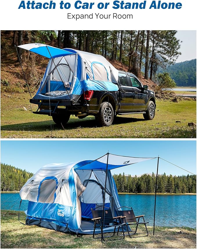 JOYTUTUS Inflatable Truck Bed Tent 5.5-6.5FT with Awning, Includes Air Pump for Quick 30 S Setup, Dual-use Pickup or Camping Tent for 2 Person, Truck Tent with Waterproof Roof Shade and 3 Windows