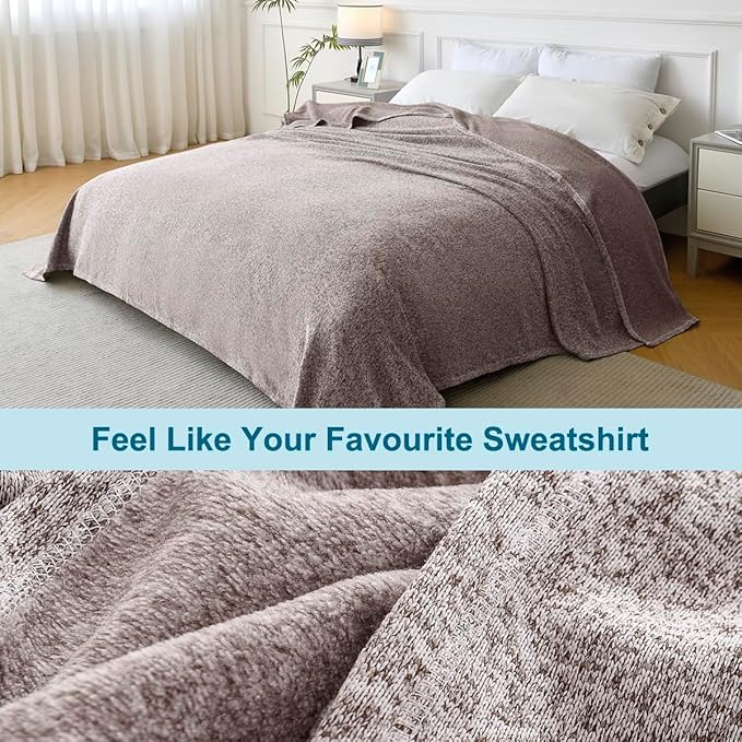 KAWAHOME Summer Sweatshirt Blanket Queen Size for Bed-Lightweight Breathable Blankets,Soft Thin Knit Jersey Blanket for Hot Sleepers,90 X 90 Inches, Heather Brown