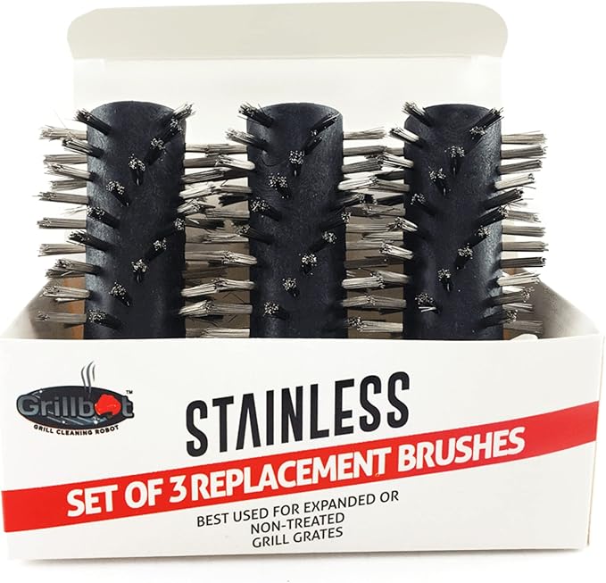 Grillbot Replacement Stainless Steel Brushes for Grillbot Automatic Grill Cleaning Robot – Set of 3 Stainless Steel Grill Brushes for Cast Iron & Expanded Steel Grills