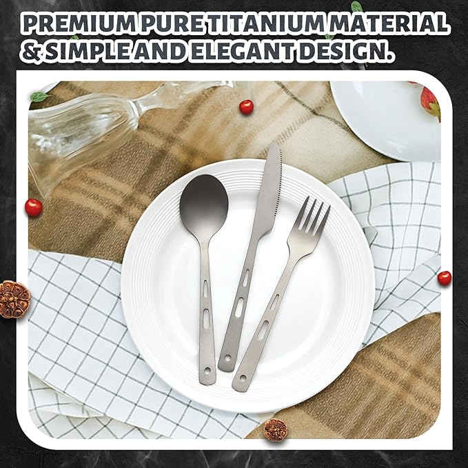 6 Pcs Pure Titanium Fork Spoon Knife Camping Utensils Set Portable Titanium Cutlery, Lightweight Travel Tableware Utensil Set with Carrying Bag for Outdoor Camping Backpacking Picnic Hiking