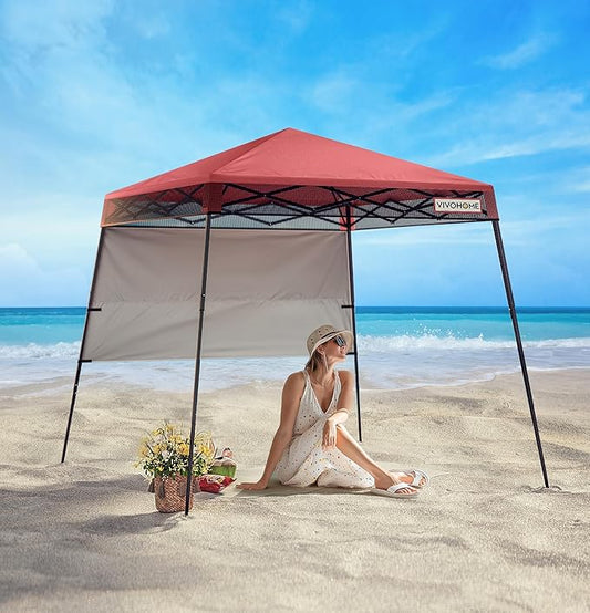 VIVOHOME 8x8ft Pop-Up Canopy Tent with Central Lock Design, Slant Legs, Backpack, and Side Wall, Portable Shelter for Camping, Party, Yard, and Beach Events, Red