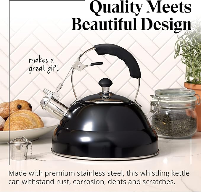Willow & Everett Whistling Tea Kettle for Stove Top - 3 Liter Tea Pots for Stove Top w/Stainless Steel, Brushed Finish and Strainer - Tea, Coffee & Hot Water Pot, Red