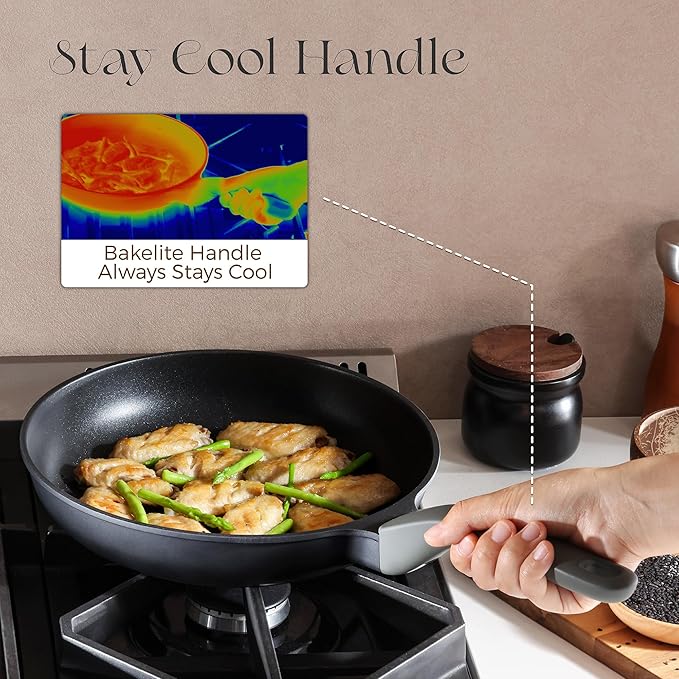 Nonstick Ceramic Frying Pan with Lid, 8/10 Inch Skillet with Stay Cool Handle, Fully Coated, Induction Compatible & Oven Safe, 100% Dishwasher Safe, PTFE & PFOA Free（10 Inch, Black Sesame）