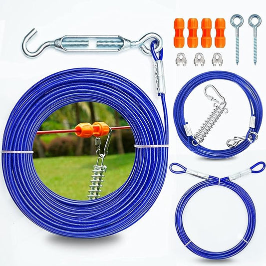 Patented Heavy Duty Tie Out Trolley System Zipline for Small to Large Dogs - 100ft Aerial Runner Cable and 10ft Run With 2 Patented Stoppers for Yard Camping Outdoor