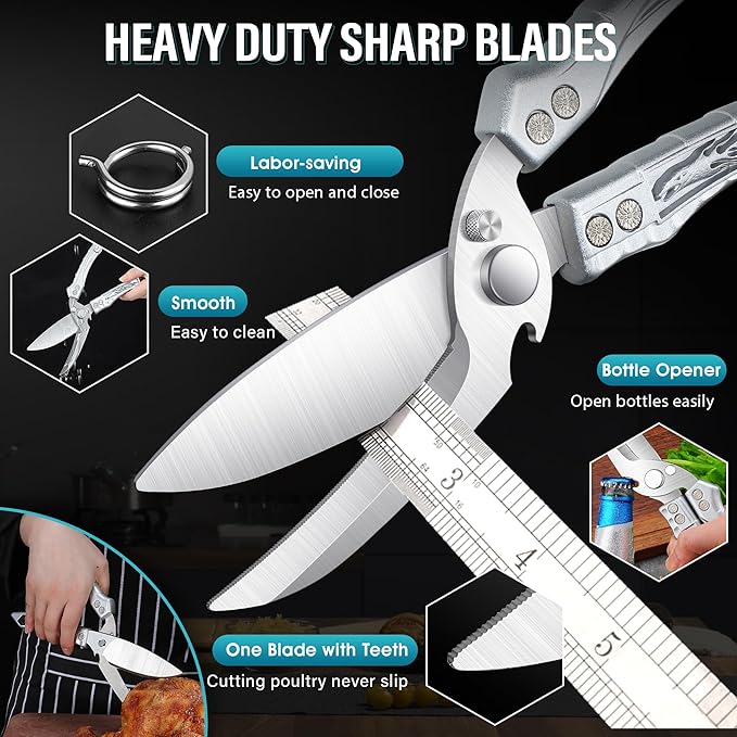 Dream Reach Kitchen Poultry Shears - Heavy Duty Detachable Meat Cutting Scissors with Serrated Edge Cooking Scissors for Thanksgiving Silver