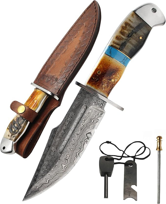 10.5" Handmade Damascus Steel Fixed Blade Bowie Hunting Knife with Leather Sheath -Bushcraft knife-Ideal For EDC,Camping Skinning,Outdoor-Best Hunting Knives For Men.Ram Horn,Turqouise Stone & Camel Bone Handle.