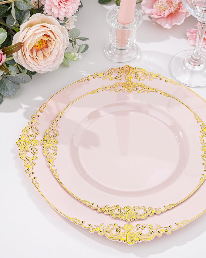Nervure 100PCS Pink and Gold Plastic Plates - 7.5 inch Pink Plastic Plates with Gold Rim - Disposable Dessert Plate for Wedding & Party & New Year