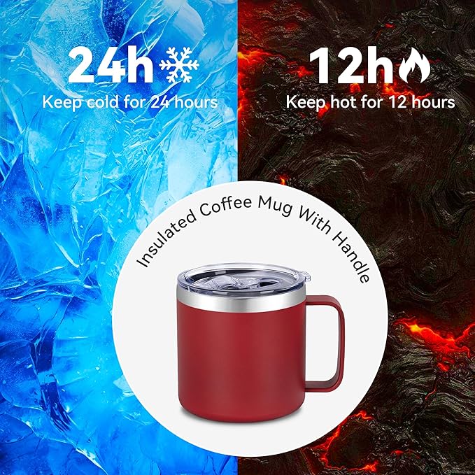 VEGOND 14 oz Insulated Coffee Mug Bulk with Handle, Stainless Steel Travel Coffee Mug with Lid, Double Wall Vacuum Metal Coffee Cup, Coffee Tumbler Powder Coated, Red 8 Pack
