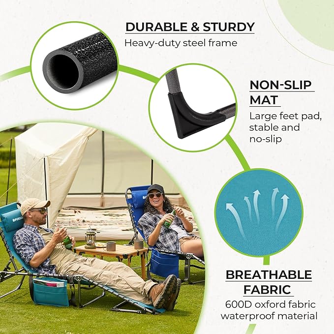 FUNDANGO 2 Pack Folding Chaise Lounge Chair Outdoor, 5 Positions Foldable Beach Lounges Chairs for Adults with Side Table & Pillow for Outside Tanning Pool Camping Patio Lawn (Cyan)