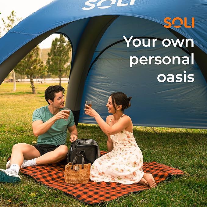 SOLI Inflatable Shade Air Canopy - Quick Self-Inflating Sun Shelter with Air Pump, UPF 50+ Sun Protection, Travel-Friendly, Stable Anchors for Beach, Camping & Backyard Use (Cool Grey) - 10 ft