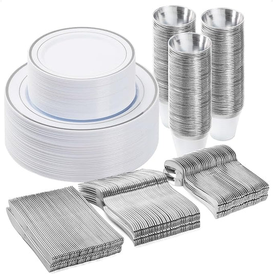 300PCS Plastic Dinnerware Set (50 Guests), Silver Disposable Plates for Party, Wedding, Christmas, Anniversary, Includes: Dinner Plates, Dessert Plates, Cups, Spoons, Forks and Knives